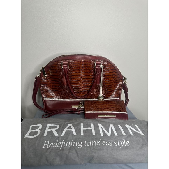 Brahmin Handbags - Brahmin Burgundy Brown Croc Embossed Leather Satchel Handbag and Wallet Set